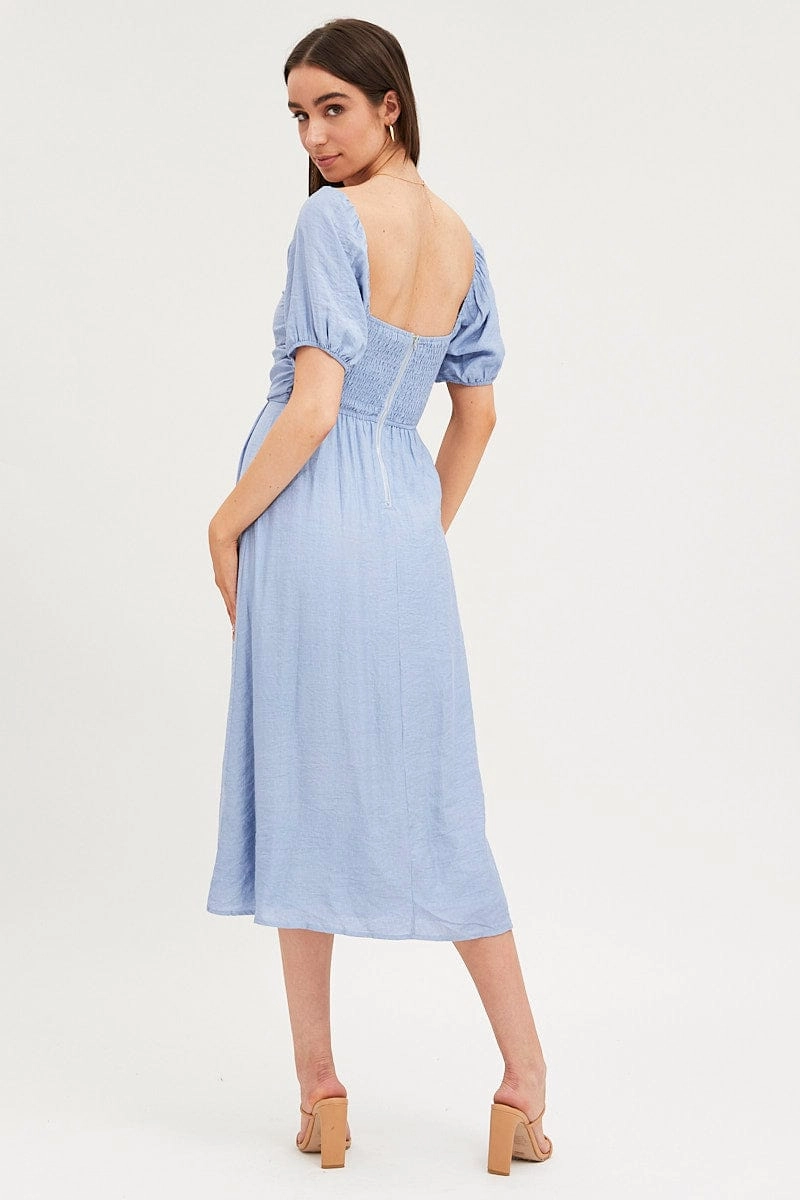 Blue Midi Dress Evening Square Neck