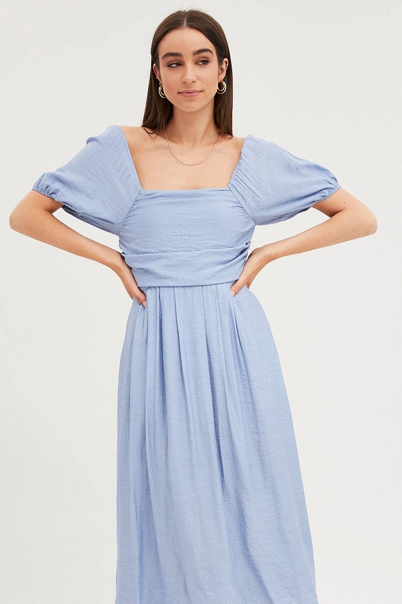 Blue Midi Dress Evening Square Neck