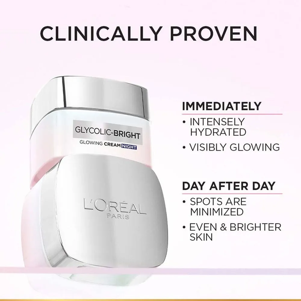L'Oreal Glycolic Bright Glowing Night Cream 50ml - Short Dated Clearance