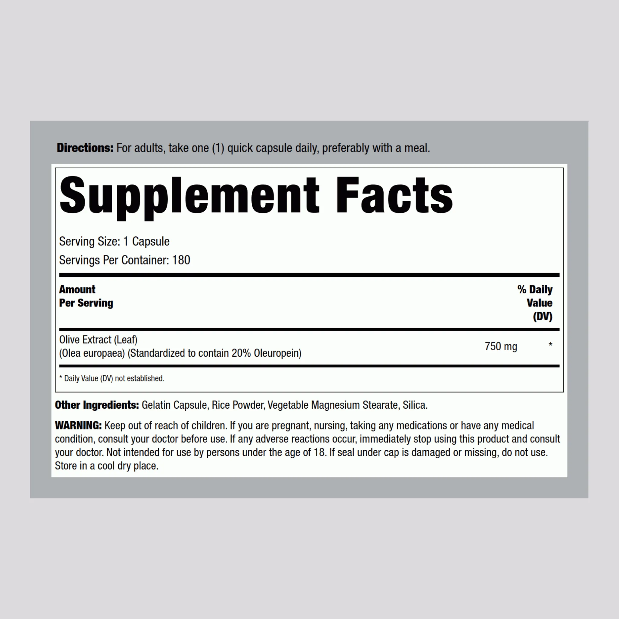 Olive Leaf Standardized Extract, 750 mg, 180 Capsules, 2  Bottles
