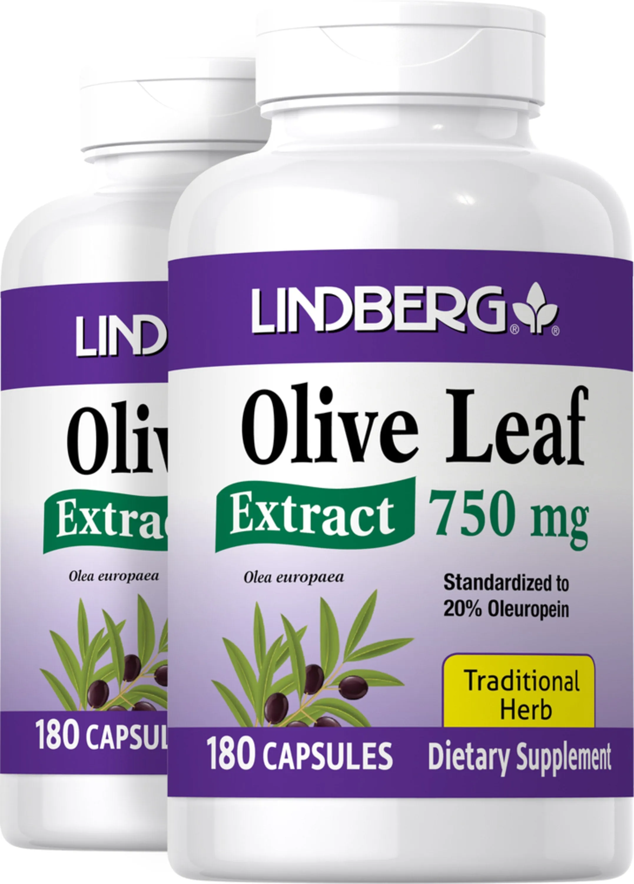 Olive Leaf Standardized Extract, 750 mg, 180 Capsules, 2  Bottles