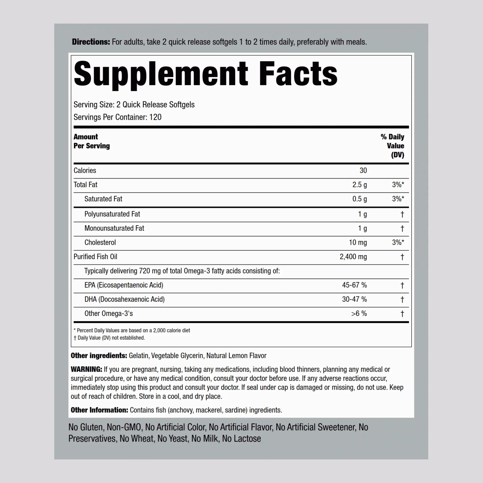 Omega-3 Fish Oil (Natural Lemon), 1200 mg, 240 Quick Release Softgels