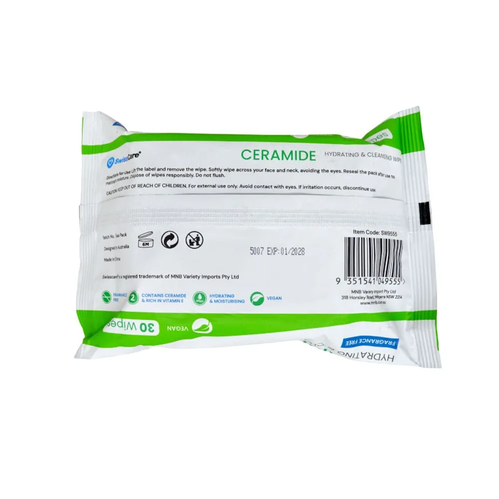 SwissCare Ceramide Hydrating & Cleansing Wipes 30pk
