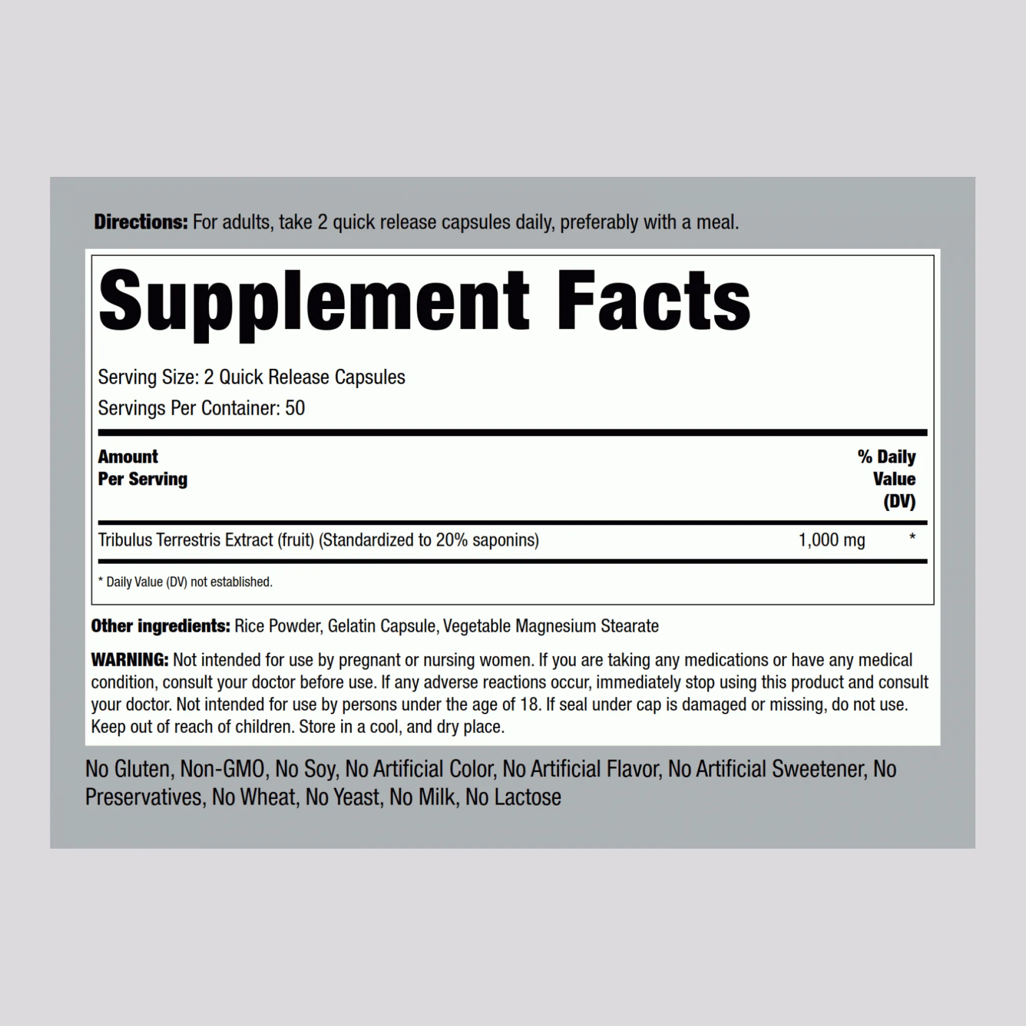 Tribulus Mega, 1000 mg (per serving), 100 Quick Release Capsules