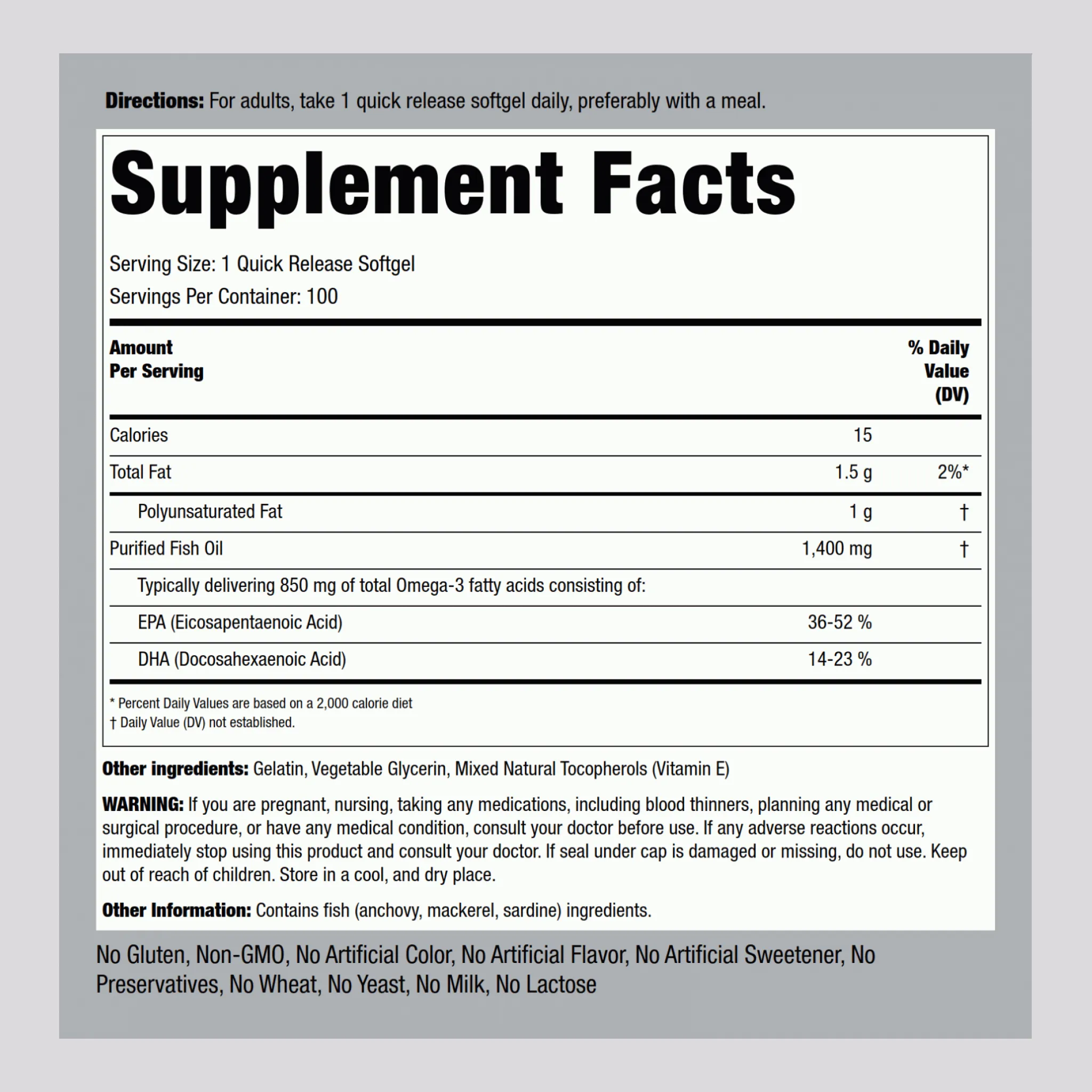 Triple Strength Omega-3 Fish Oil 1400 mg (850 mg Active Omega-3), 100 Quick Release Softgels
